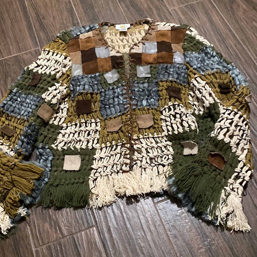 COPY - Sandy Starkman patched crochet open cardigan coat